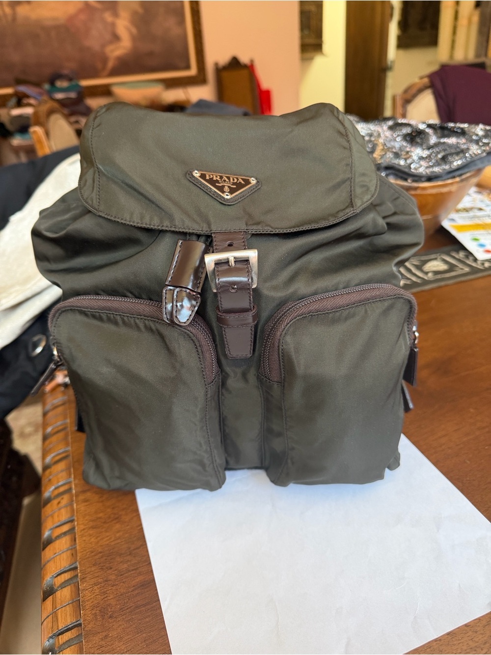 “Prada” Army Green Nylon And Brown Leather Trim
